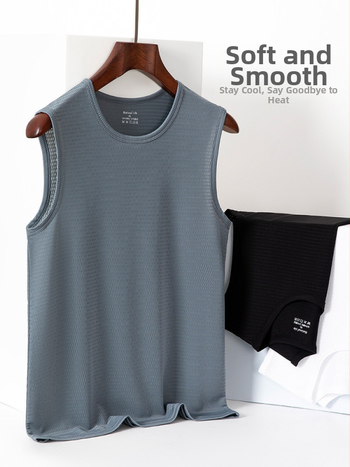 Muški tank top bez rukava, Ice Silk tkanina, labav kroj, jednobojni uzorak, Nylon/Poliamid 90%