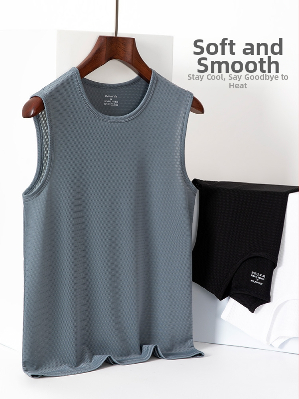 Muški tank top bez rukava, Ice Silk tkanina, labav kroj, jednobojni uzorak, Nylon/Poliamid 90%