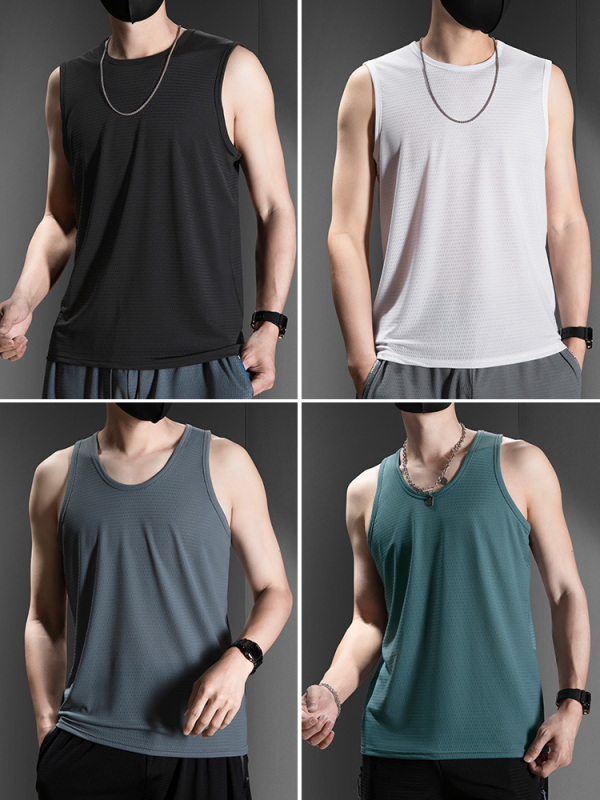 Muški tank top bez rukava, Ice Silk tkanina, labav kroj, jednobojni uzorak, Nylon/Poliamid 90%