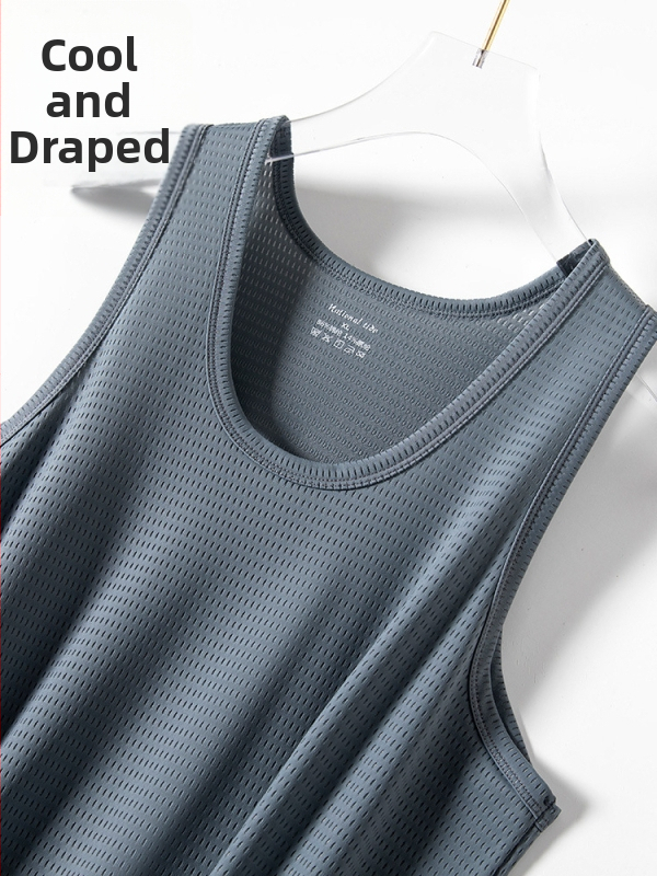 Muški tank top bez rukava, Ice Silk tkanina, labav kroj, jednobojni uzorak, Nylon/Poliamid 90%