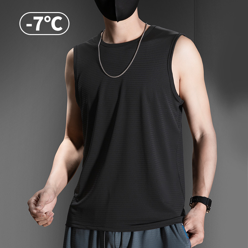 Muški tank top bez rukava, Ice Silk tkanina, labav kroj, jednobojni uzorak, Nylon/Poliamid 90%