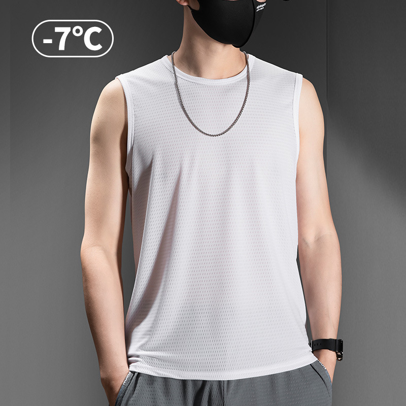 Muški tank top bez rukava, Ice Silk tkanina, labav kroj, jednobojni uzorak, Nylon/Poliamid 90%