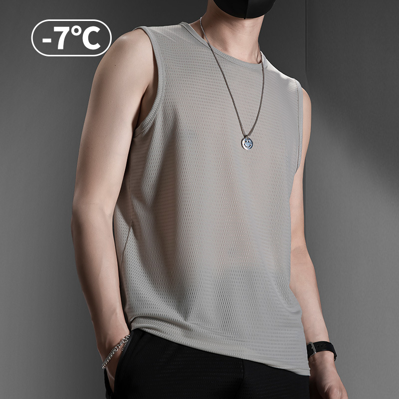 Muški tank top bez rukava, Ice Silk tkanina, labav kroj, jednobojni uzorak, Nylon/Poliamid 90%