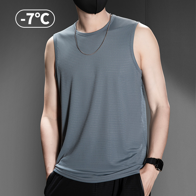 Muški tank top bez rukava, Ice Silk tkanina, labav kroj, jednobojni uzorak, Nylon/Poliamid 90%