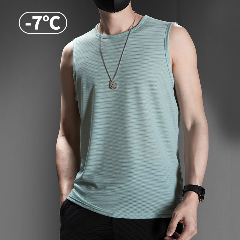 Muški tank top bez rukava, Ice Silk tkanina, labav kroj, jednobojni uzorak, Nylon/Poliamid 90%