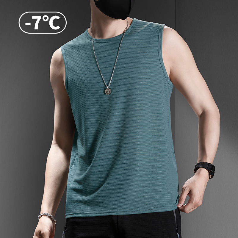 Muški tank top bez rukava, Ice Silk tkanina, labav kroj, jednobojni uzorak, Nylon/Poliamid 90%