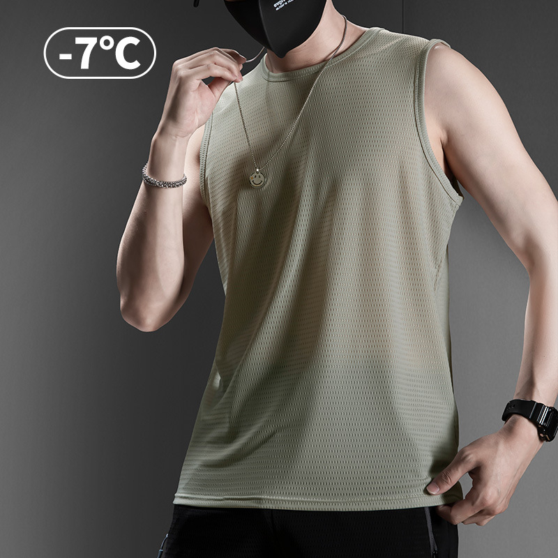 Muški tank top bez rukava, Ice Silk tkanina, labav kroj, jednobojni uzorak, Nylon/Poliamid 90%