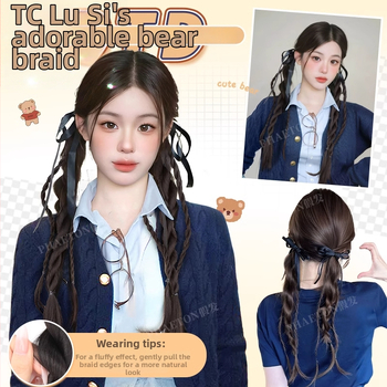 Parochňa s mašlou a twist copom a dvojitým chvostom — tepelne odolné syntetické vlákno; model Bear Ribbon Twist Braid; nie je možné farbiť ani kučerať