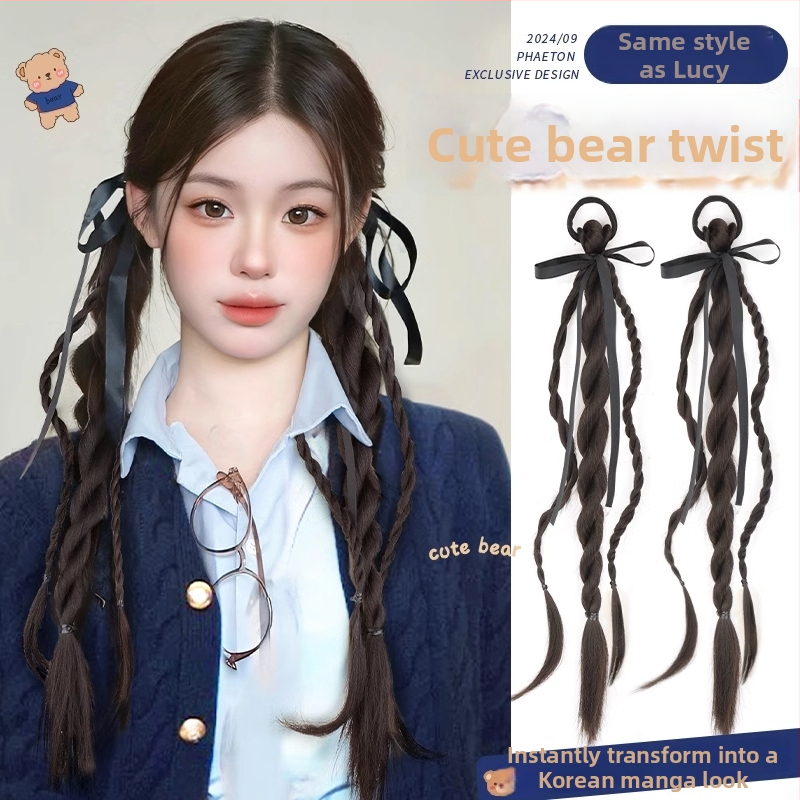 Parochňa s mašlou a twist copom a dvojitým chvostom — tepelne odolné syntetické vlákno; model Bear Ribbon Twist Braid; nie je možné farbiť ani kučerať