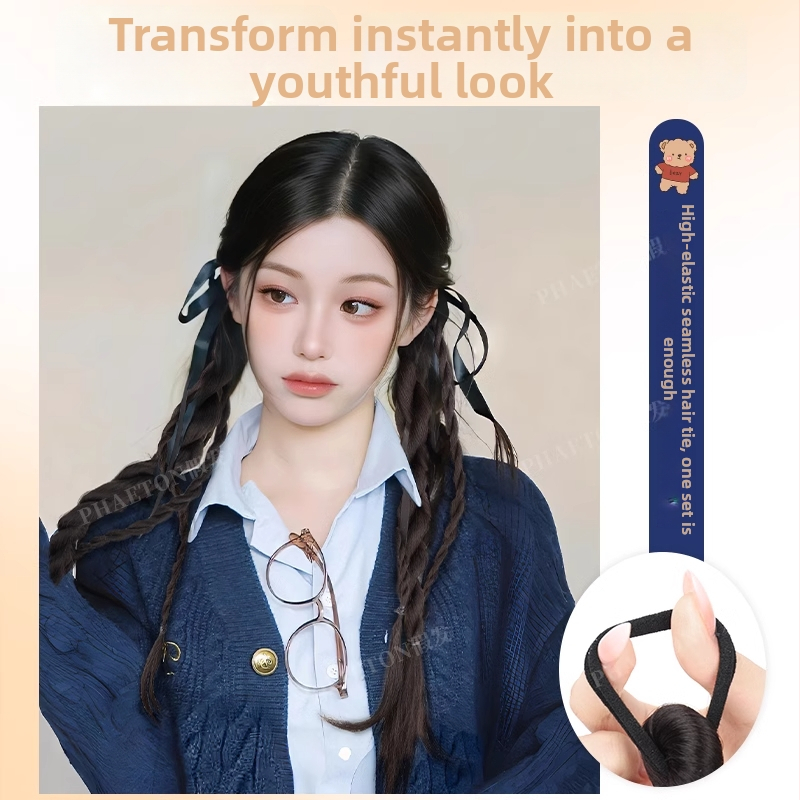 Parūka ar lentēm un vērpšanas pletnes un dubultu asti — karstumizturīga sintētiskā šķiedra; model Bear Ribbon Twist Braid; nav iespējams krāsot vai lokšķēt