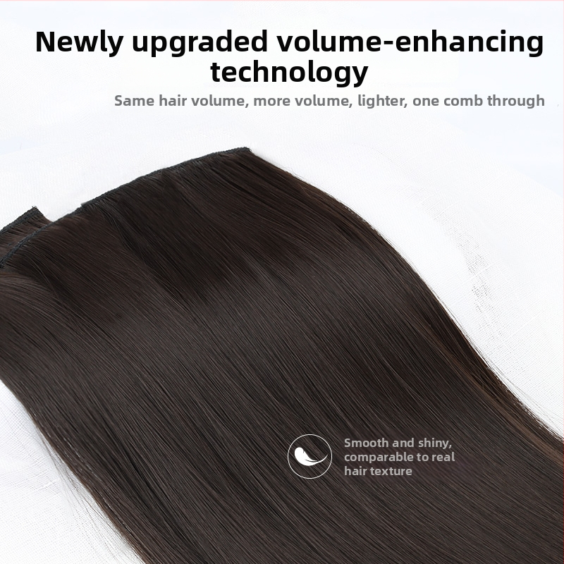 Moters plaukų perukos skirsnis: trijų dalių tiesus, be siūlių, realistiškas plaukų tūris; plaukai iš aukštos temperatūros šilko; mechanizuotas apdorojimas; negalima dažyti ar perm