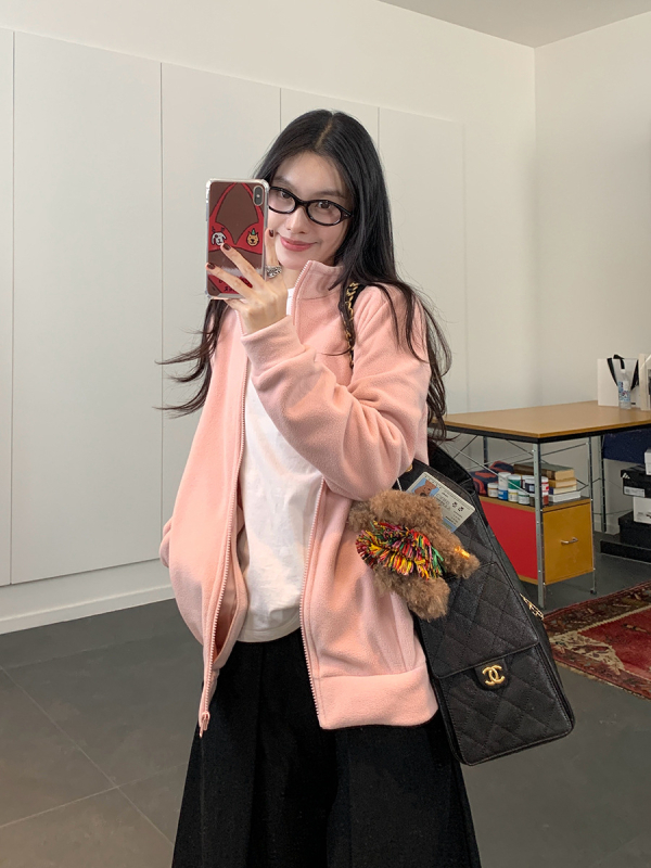 Hoodie od flece s prednjim zipom, debeli fleece, stojeći ovratnik, japansko-korejski ležerni stil