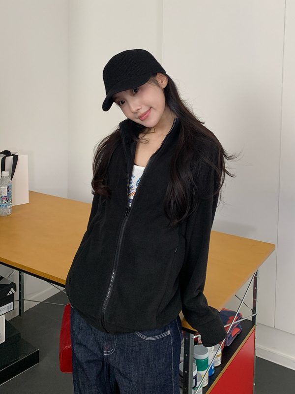 Hoodie od flece s prednjim zipom, debeli fleece, stojeći ovratnik, japansko-korejski ležerni stil