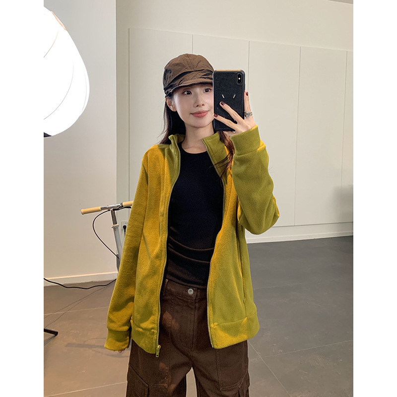 Hoodie od flece s prednjim zipom, debeli fleece, stojeći ovratnik, japansko-korejski ležerni stil