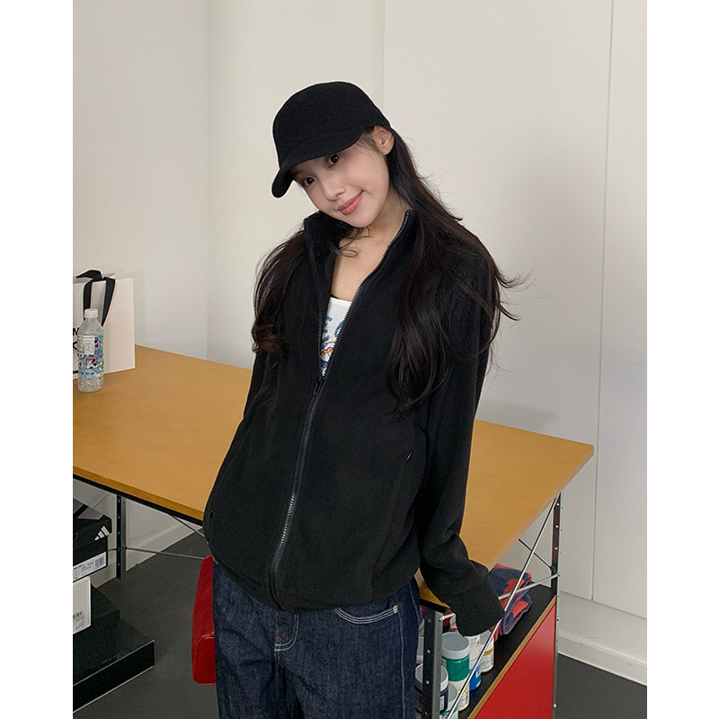 Hoodie od flece s prednjim zipom, debeli fleece, stojeći ovratnik, japansko-korejski ležerni stil