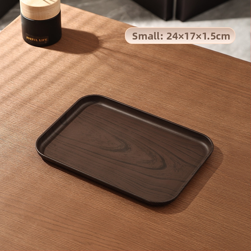 Pravouhlá plastová tácka na čaj s imitáciou dreva vo farbe orecha, vhodná do hotelov a domova, priestor na šálky a kanvičku, séria Pallet, vintage štýl