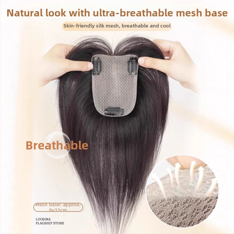 Női fej tetején viselhető valós emberi hajból készült póthajdarab, egyenes, 8x12 modell; mechanikus feldolgozás; festhető vagy göndöríthető.