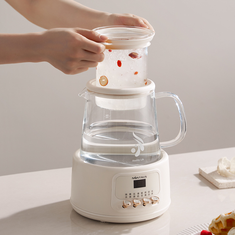 Zdravotná kanvička na čaje a vývary, telo z borosilikátového skla, model JZW-102A, objem 1–1,5 L, 220 V, 800 W, termostat s tlačidlom