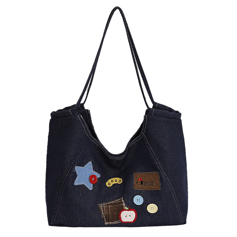 Ženska Tote torba od denima – street trend stil, vodoravni kvadratni oblik, magnetska kopča, podstava od poliestera