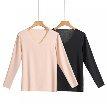 Ženský bezšvový termálny základný vršok z hodvábu Mulberry, V-krk, dlhé rukávy, tenký materiál 101–120 g/m², 100% hodváb