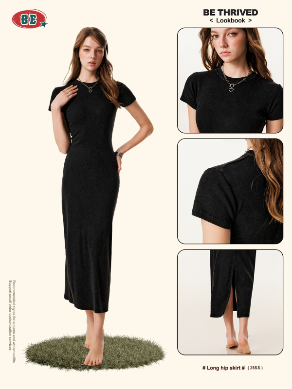 Rochie BE THRIVED: croială slim fit bodycon, lungă, guler rotund, mâneci scurte, țesătură din bumbac amestec