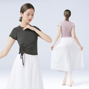 Летен женски топ за танци, къс ръкав, кръгло деколте, връзка за стягане, балет, латински и модерни танци, полиестерна материя