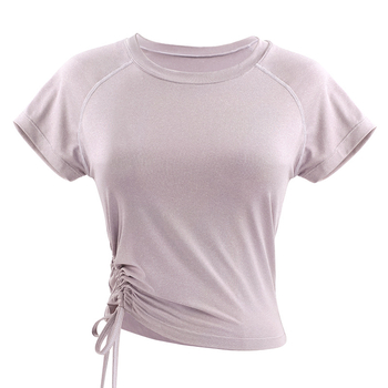 Летен женски топ за танци, къс ръкав, кръгло деколте, връзка за стягане, балет, латински и модерни танци, полиестерна материя