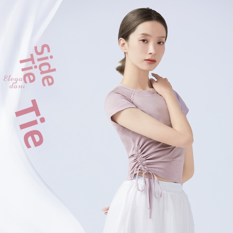 Vasaras sieviešu deju tops ar īsām piedurknēm, apaļu kaklu, aizsietamu auklu, baletam, latīņu un modernajam dejām, poliestera audums