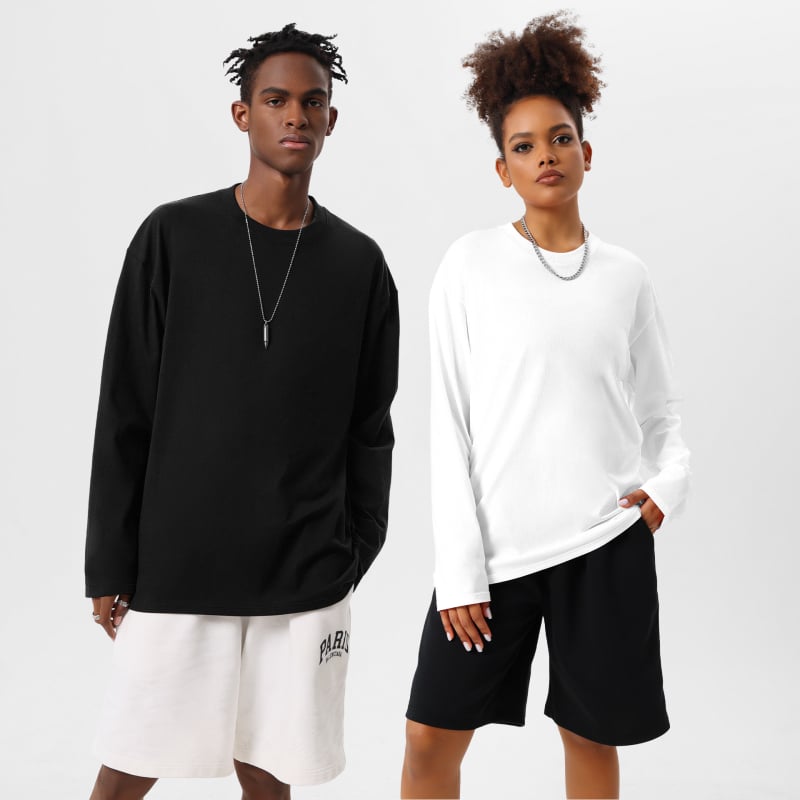 Тениска с дълъг ръкав в японско-кореански стил, кръгло деколте, свободен силует, 280g тежка чиста памучна материя