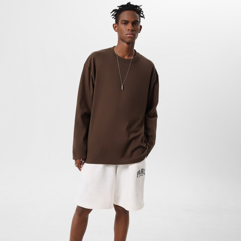 Тениска с дълъг ръкав в японско-кореански стил, кръгло деколте, свободен силует, 280g тежка чиста памучна материя