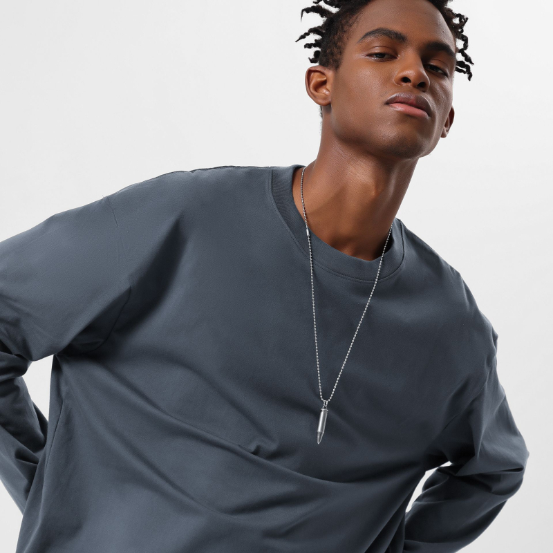 Тениска с дълъг ръкав в японско-кореански стил, кръгло деколте, свободен силует, 280g тежка чиста памучна материя