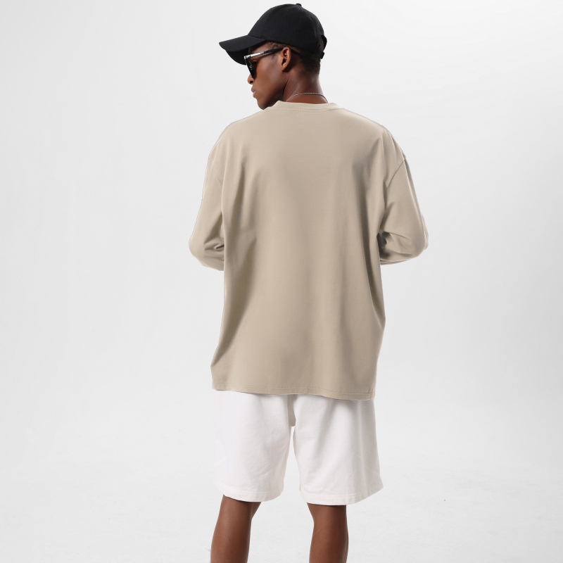 Тениска с дълъг ръкав в японско-кореански стил, кръгло деколте, свободен силует, 280g тежка чиста памучна материя