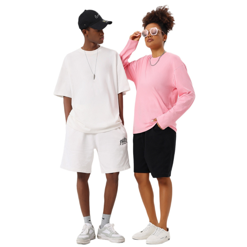 Тениска с дълъг ръкав в японско-кореански стил, кръгло деколте, свободен силует, 280g тежка чиста памучна материя