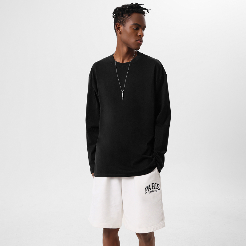 Тениска с дълъг ръкав в японско-кореански стил, кръгло деколте, свободен силует, 280g тежка чиста памучна материя