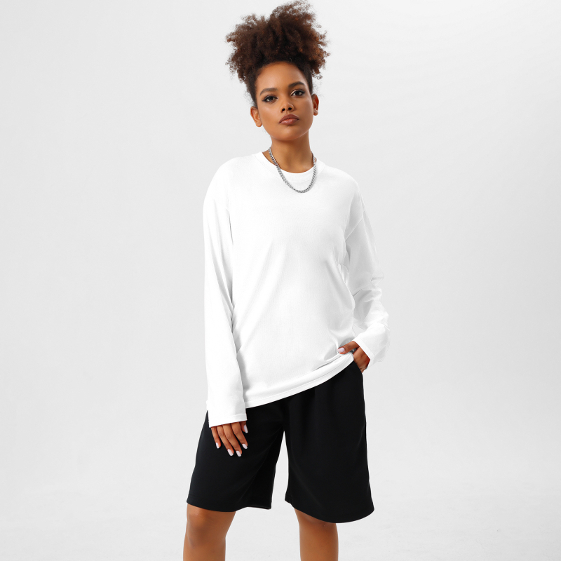 Тениска с дълъг ръкав в японско-кореански стил, кръгло деколте, свободен силует, 280g тежка чиста памучна материя