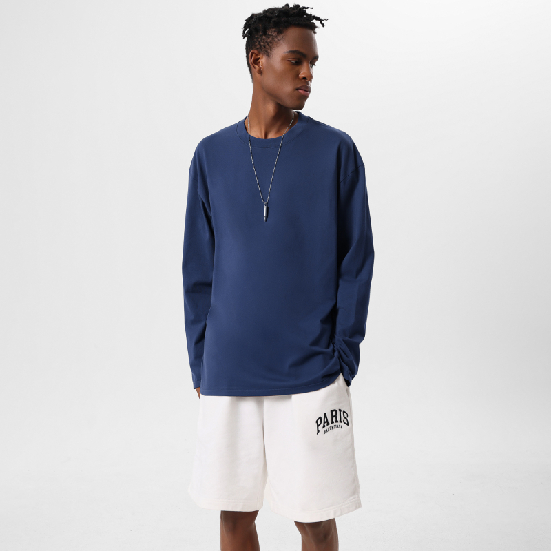 Тениска с дълъг ръкав в японско-кореански стил, кръгло деколте, свободен силует, 280g тежка чиста памучна материя