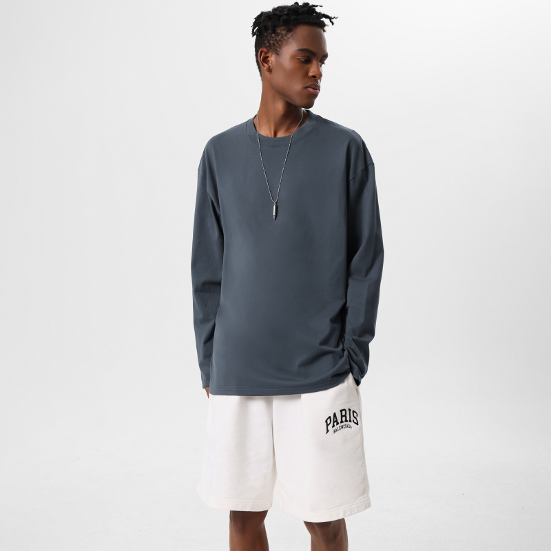 Тениска с дълъг ръкав в японско-кореански стил, кръгло деколте, свободен силует, 280g тежка чиста памучна материя