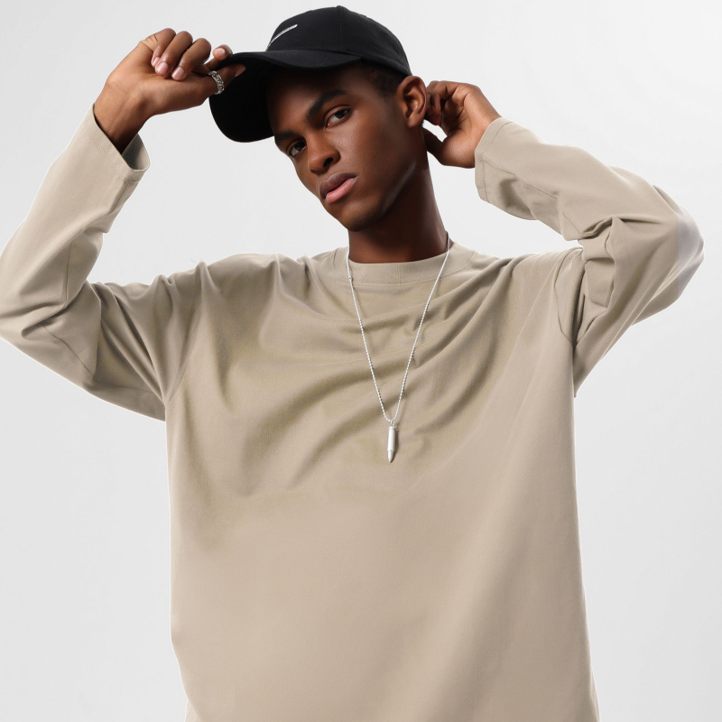 Тениска с дълъг ръкав в японско-кореански стил, кръгло деколте, свободен силует, 280g тежка чиста памучна материя