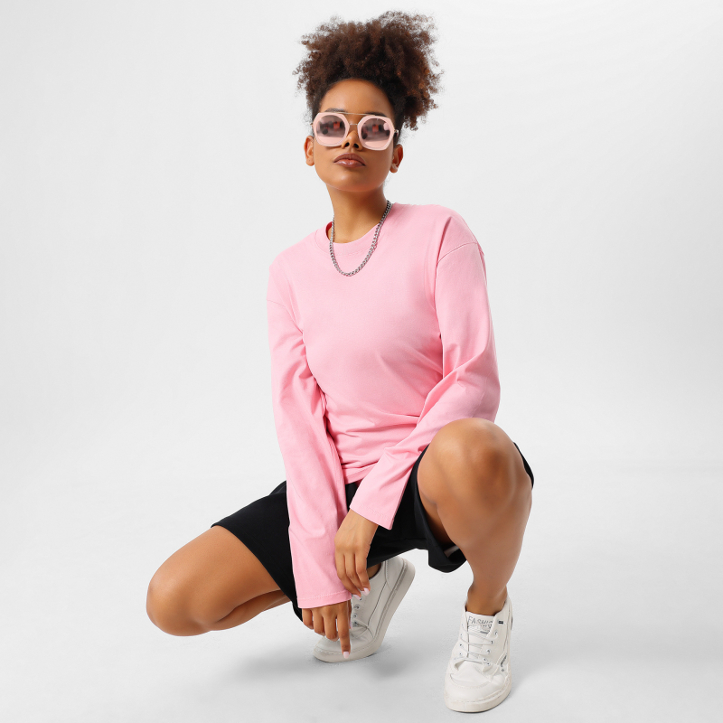 Тениска с дълъг ръкав в японско-кореански стил, кръгло деколте, свободен силует, 280g тежка чиста памучна материя