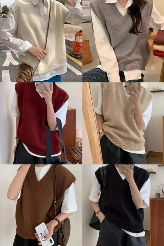 Γυναικείο πλεκτό γιλέκο με στρώσεις - χαλαρό ρετρό στυλ, V-λαιμό, χωρίς μανίκια, φθινόπωρο 2025, ύφασμα: μείγμα Regenerated cellulose fiber + ακρυλικό, μινιμαλιστικό ιαπωνο-κορεατικό casual