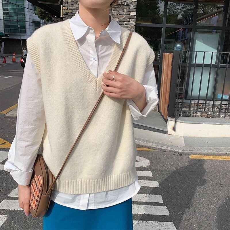 Γυναικείο πλεκτό γιλέκο με στρώσεις - χαλαρό ρετρό στυλ, V-λαιμό, χωρίς μανίκια, φθινόπωρο 2025, ύφασμα: μείγμα Regenerated cellulose fiber + ακρυλικό, μινιμαλιστικό ιαπωνο-κορεατικό casual