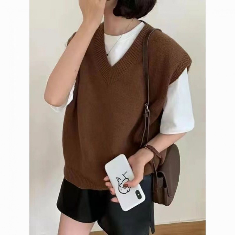 Γυναικείο πλεκτό γιλέκο με στρώσεις - χαλαρό ρετρό στυλ, V-λαιμό, χωρίς μανίκια, φθινόπωρο 2025, ύφασμα: μείγμα Regenerated cellulose fiber + ακρυλικό, μινιμαλιστικό ιαπωνο-κορεατικό casual