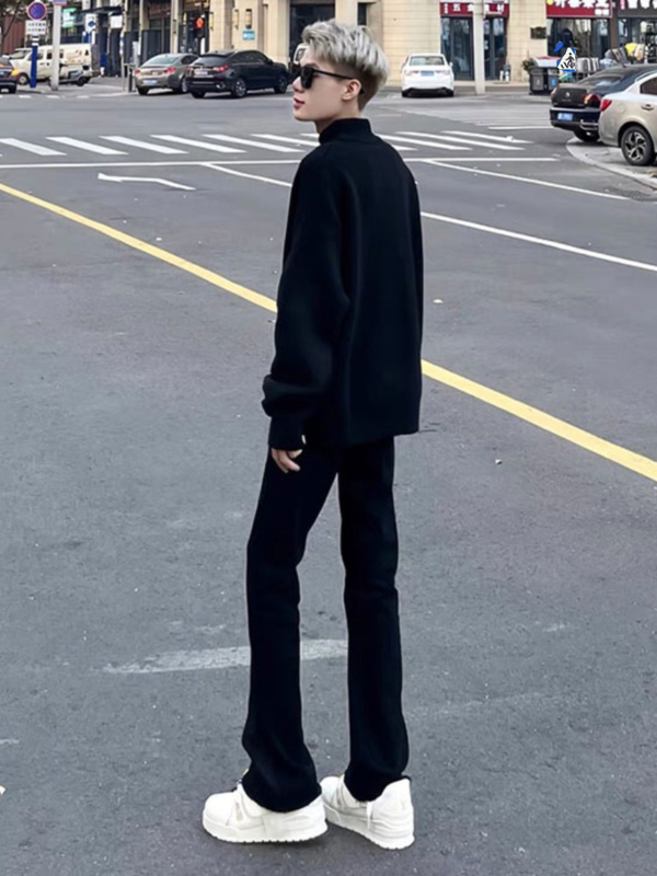 Muške traperice s izblijedjelim efektom, retro stil, mikro-flare kroj, srednji pojas, zatvarač, duljina do poda, 30% poliester