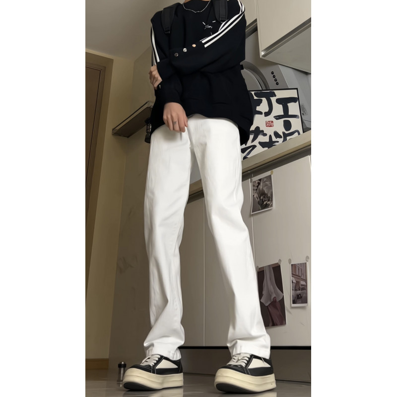 Muške traperice s izblijedjelim efektom, retro stil, mikro-flare kroj, srednji pojas, zatvarač, duljina do poda, 30% poliester