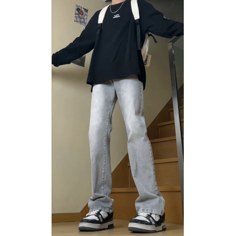 Muške traperice s izblijedjelim efektom, retro stil, mikro-flare kroj, srednji pojas, zatvarač, duljina do poda, 30% poliester