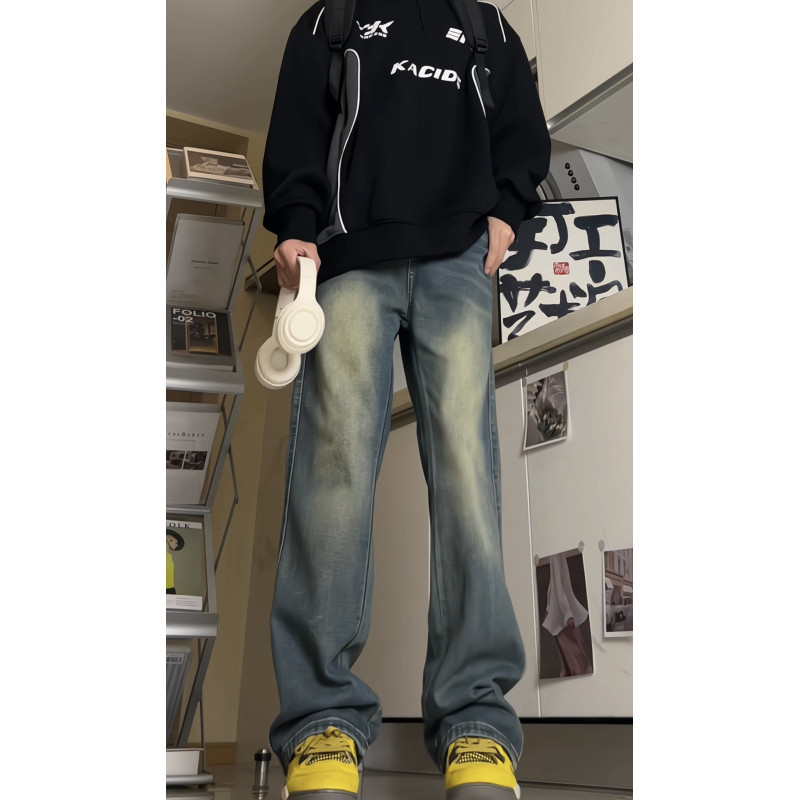 Muške traperice s izblijedjelim efektom, retro stil, mikro-flare kroj, srednji pojas, zatvarač, duljina do poda, 30% poliester