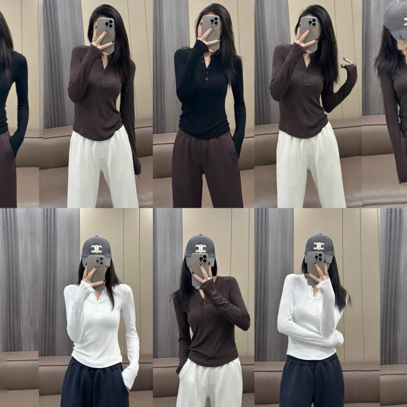 Ženski Henley s dugim rukavima, uski kroj, pamuk mešavina (poluotvoren ovratnik, duljina 50–65 cm)