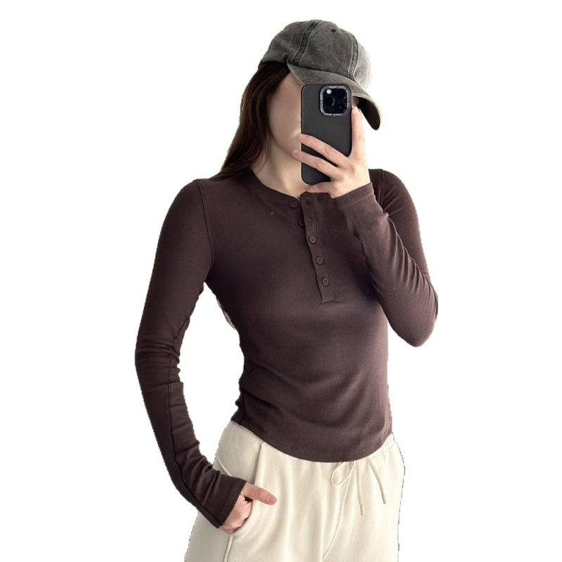 Ženski Henley s dugim rukavima, uski kroj, pamuk mešavina (poluotvoren ovratnik, duljina 50–65 cm)