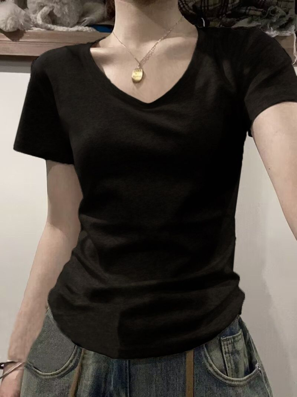 Ženski pamukasti T-shirt kratkih rukava, visok pas, uski kroj, jednobojna, okrugli izrez