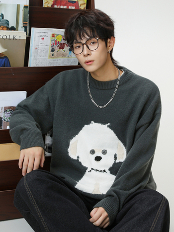 Ανδρικός πλεκτός πουλόβερ με στρογγυλή λαιμόκοψη, χαλαρή γραμμή, μακριά μανίκια, 100% πολυεστέρας, μοτίβο σκύλου καρτούν